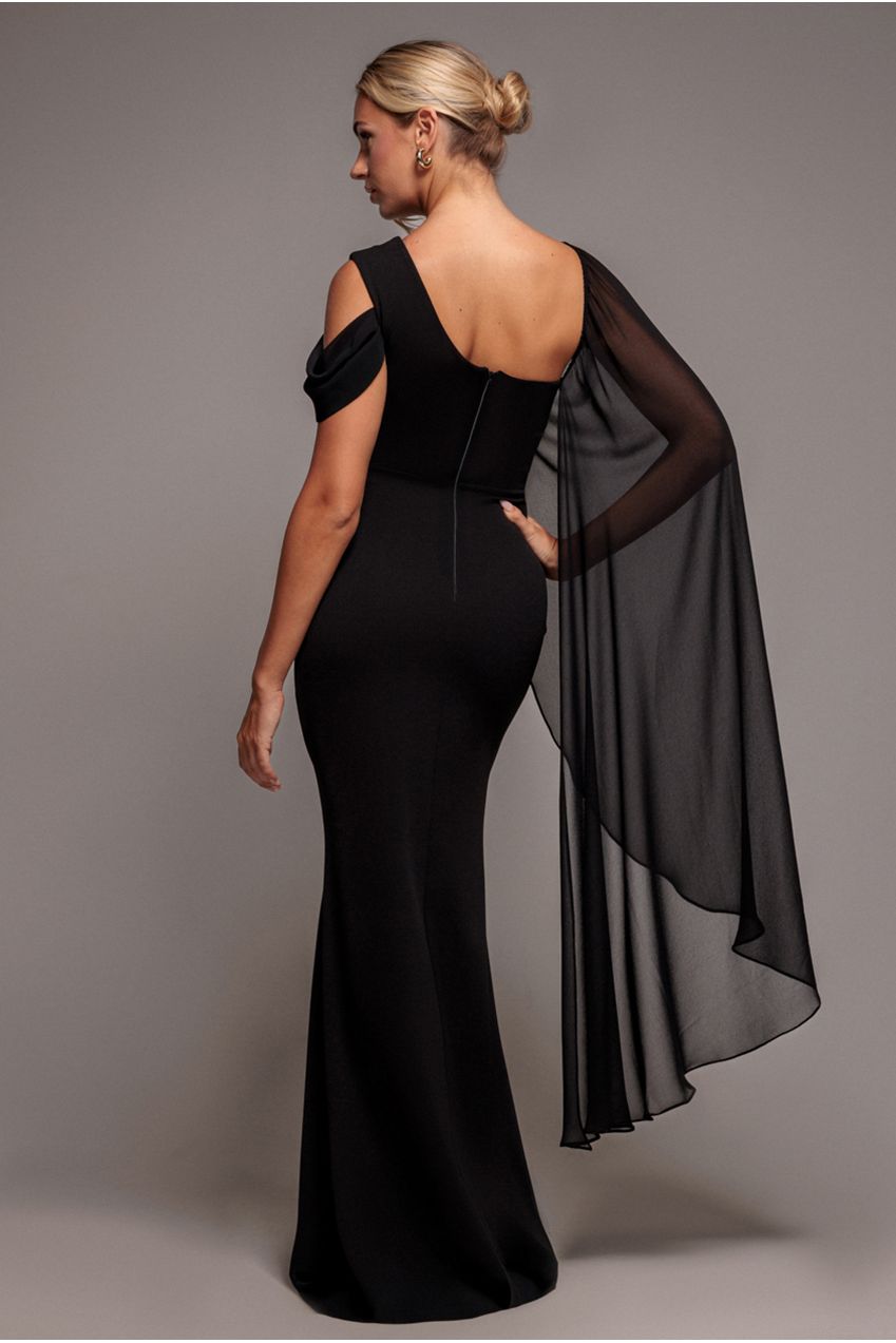 One Shoulder Chiffon Cape Crepe Maxi Dress - Black DR4982