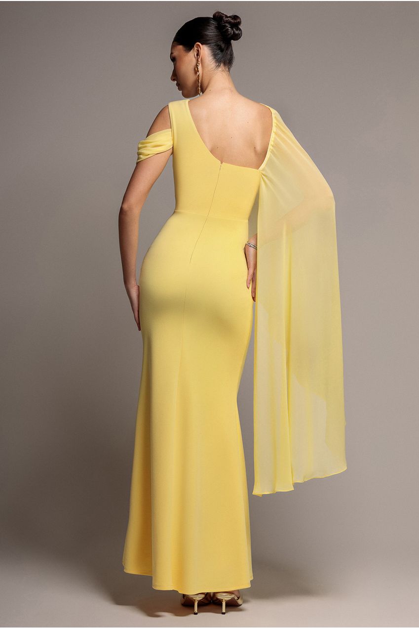 One Shoulder Chiffon Cape Crepe Maxi Dress - Butter Yellow DR4982