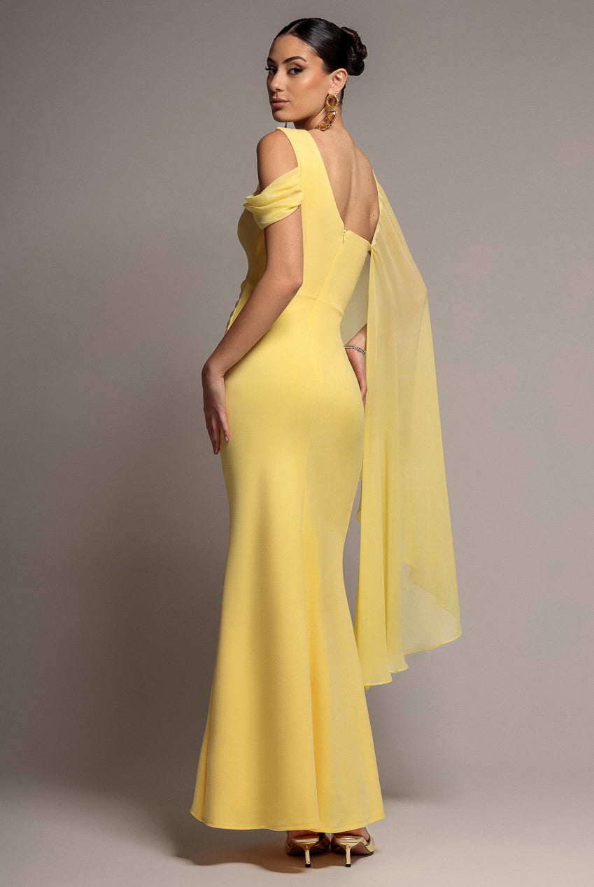One Shoulder Chiffon Cape Crepe Maxi Dress - Butter Yellow DR4982