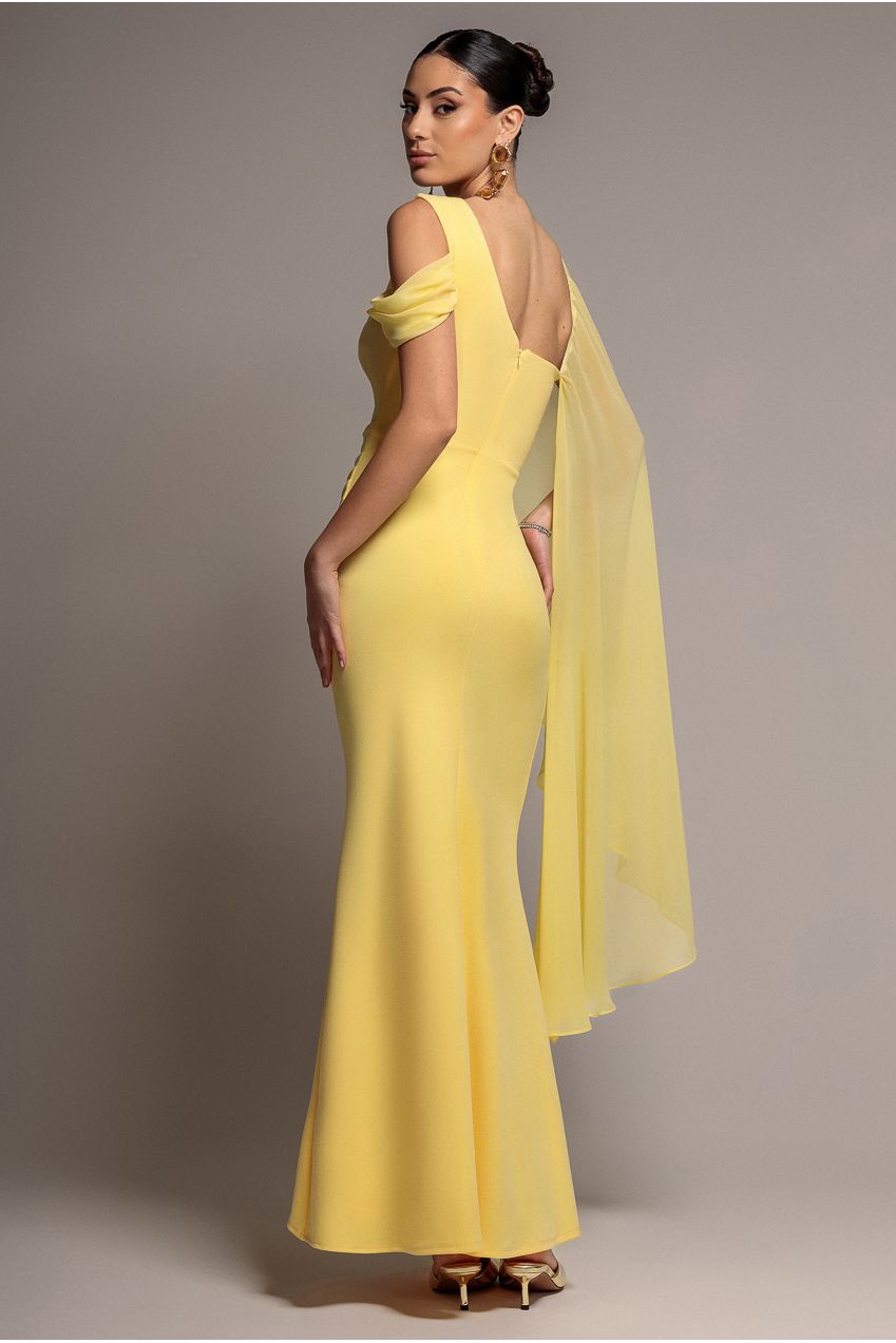 One Shoulder Chiffon Cape Crepe Maxi Dress - Butter Yellow DR4982