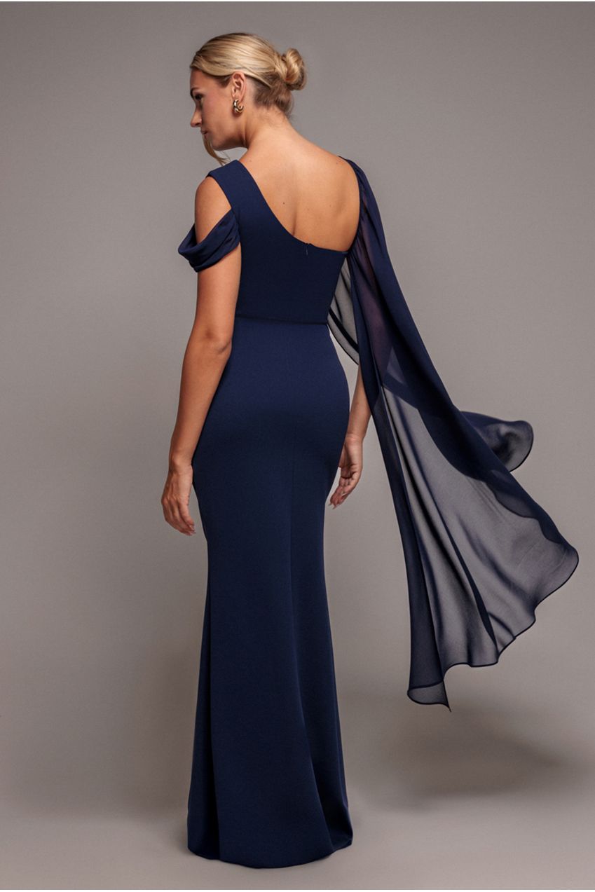 One Shoulder Chiffon Cape Crepe Maxi Dress - Navy Blue DR4982