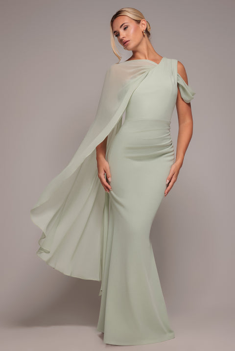 One Shoulder Chiffon Cape Crepe Maxi Dress - Sage Green by Goddiva