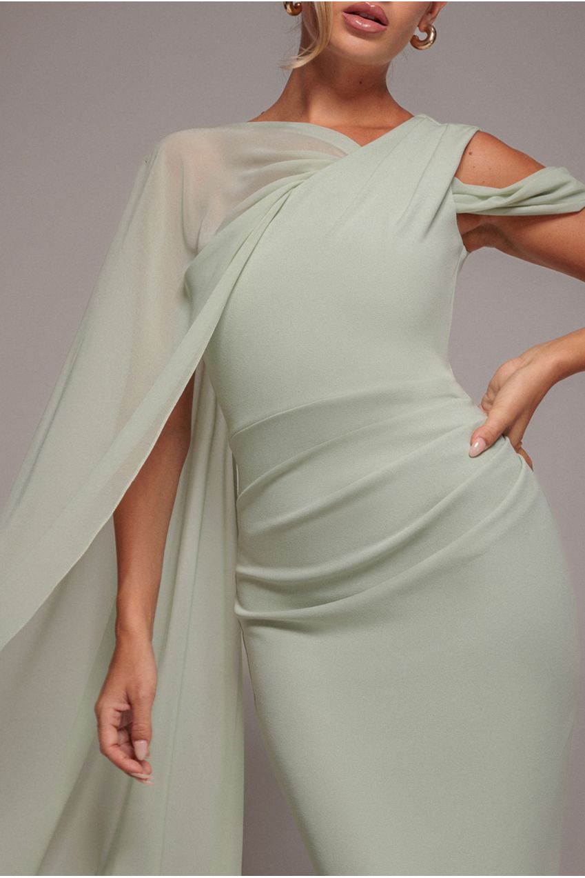 One Shoulder Chiffon Cape Crepe Maxi Dress - Sage Green DR4982