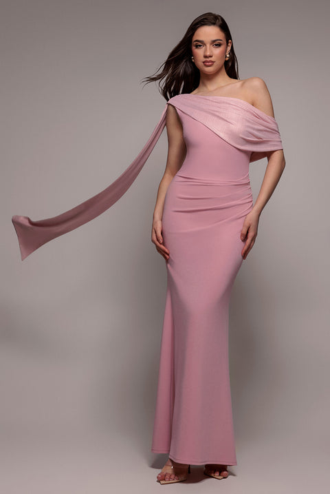 Lurex Pleated Bardot One Shoulder Cape Maxi Dress - Blush Pink by Goddiva