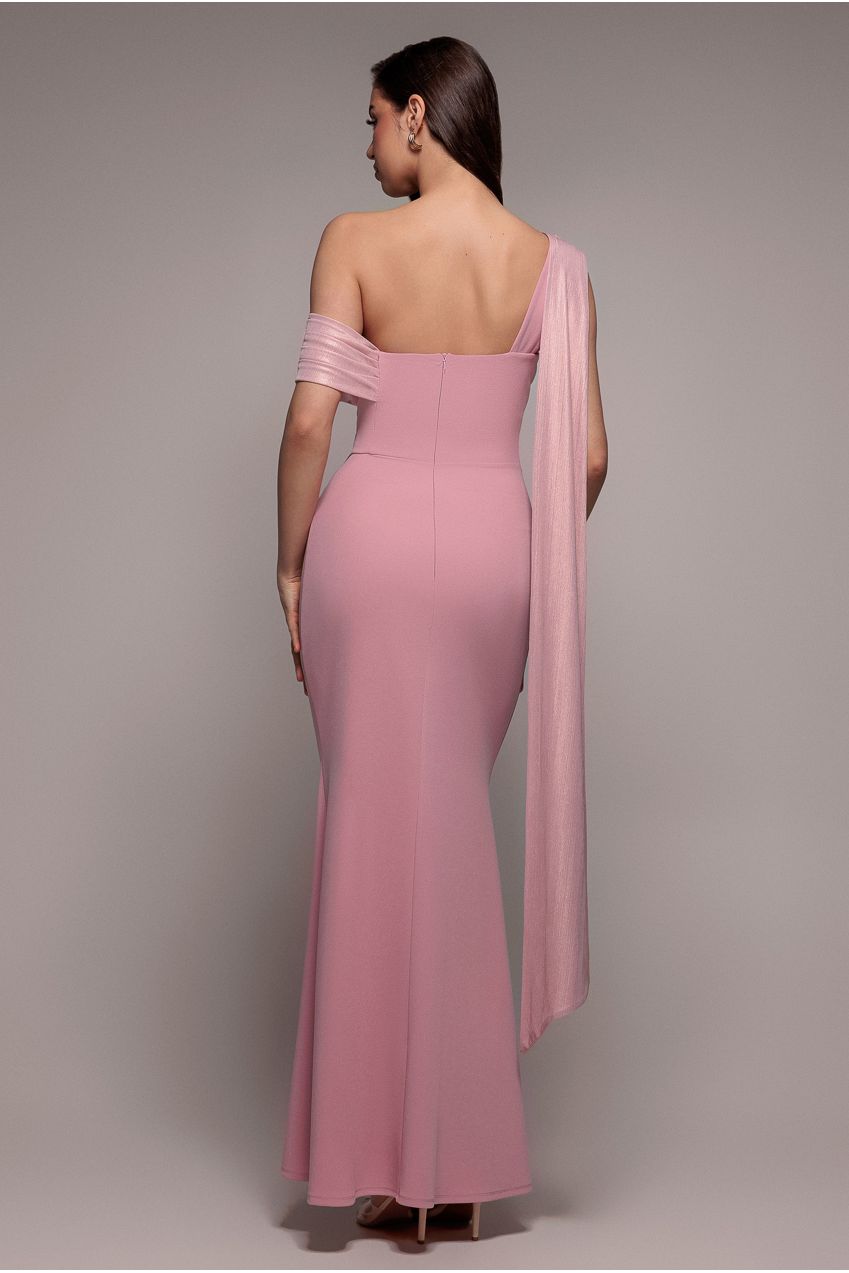 Lurex Pleated Bardot One Shoulder Cape Maxi Dress - Blush Pink DR4984QZ