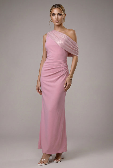 Lurex Pleated Bardot One Shoulder Cape Maxi Dress - Blush Pink by Goddiva