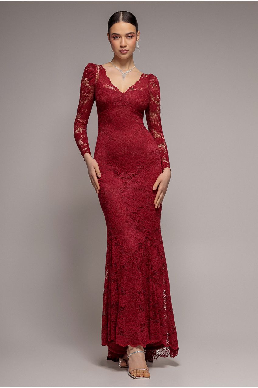 Fit & Flare Scallop Lace V Neck Maxi Dress - Burgundy | Goddiva Fit & Flare Scallop Lace V Neck Maxi Dress - Burgundy | Goddiva
