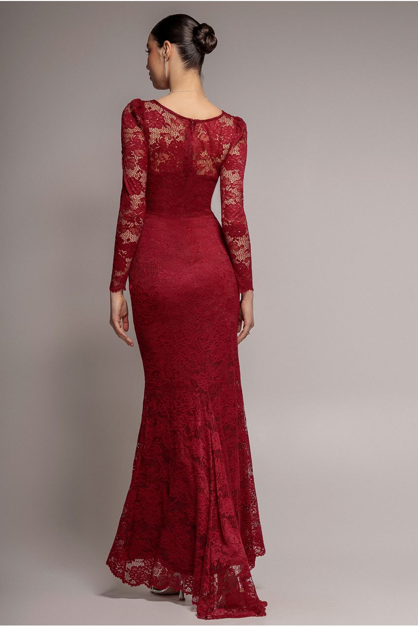 Fit & Flare Scallop Lace V Neck Maxi Dress - Burgundy DR4994