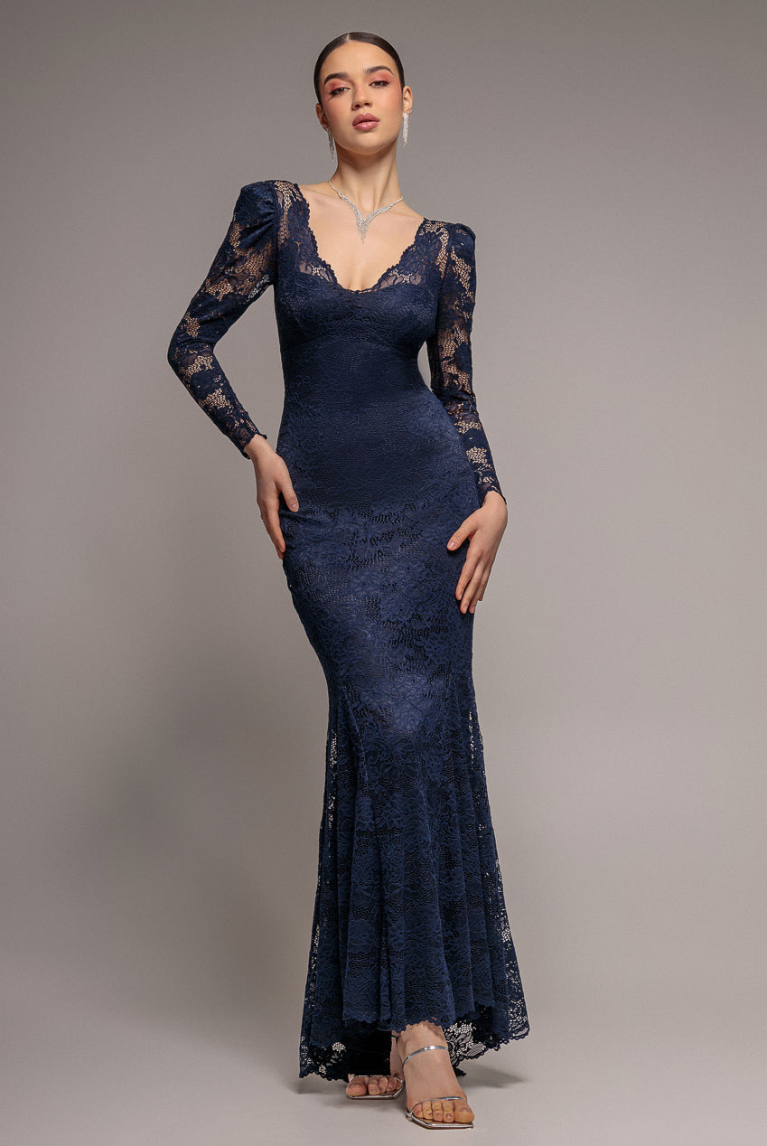 Fit & Flare Scallop Lace V Neck Maxi Dress - Navy Blue DR4994