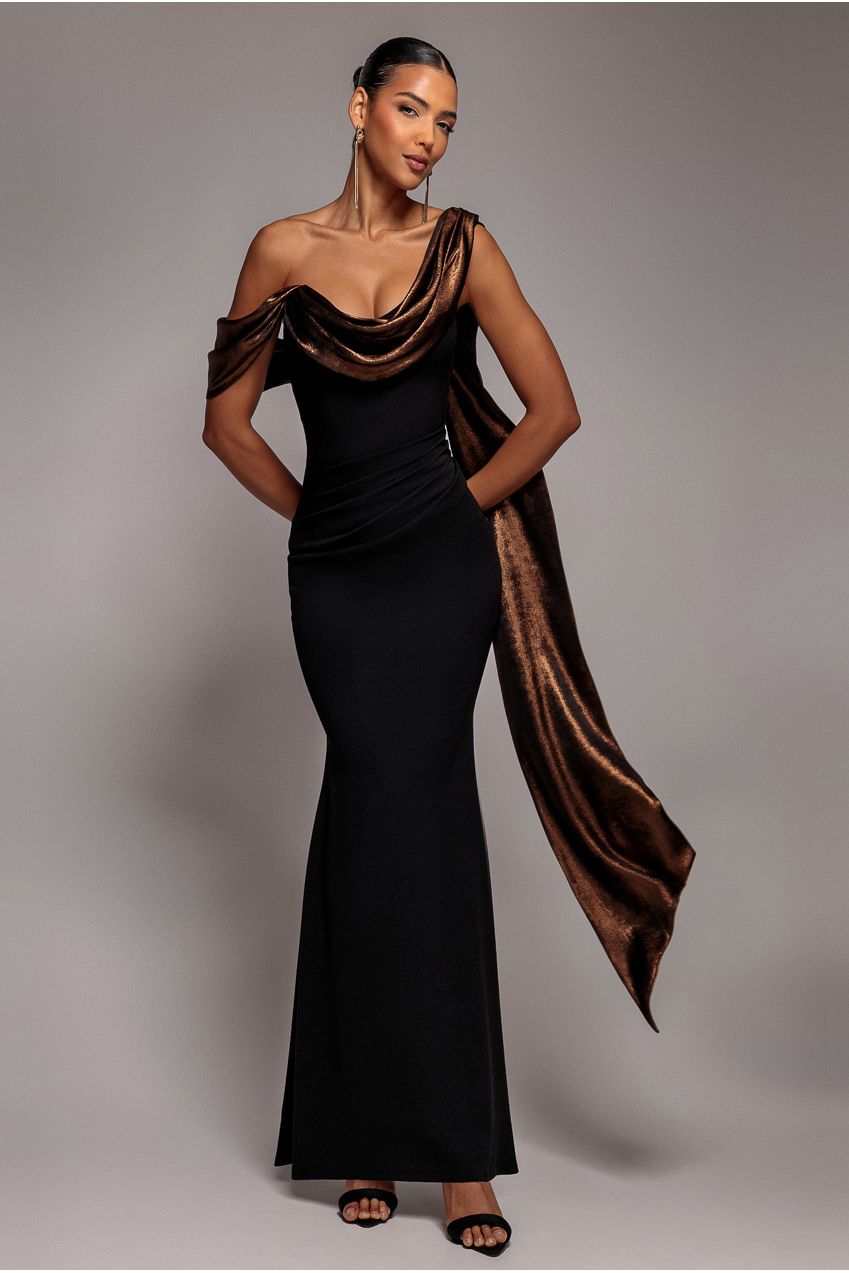 Foil Chiffon Cowl One Shoulder Cape Maxi Dress - Black Bronze DR4998
