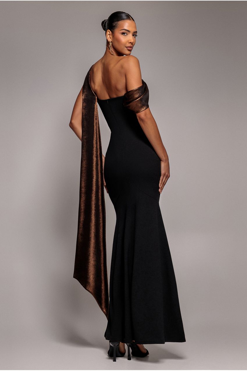 Foil Chiffon Cowl One Shoulder Cape Maxi Dress - Black Bronze DR4998