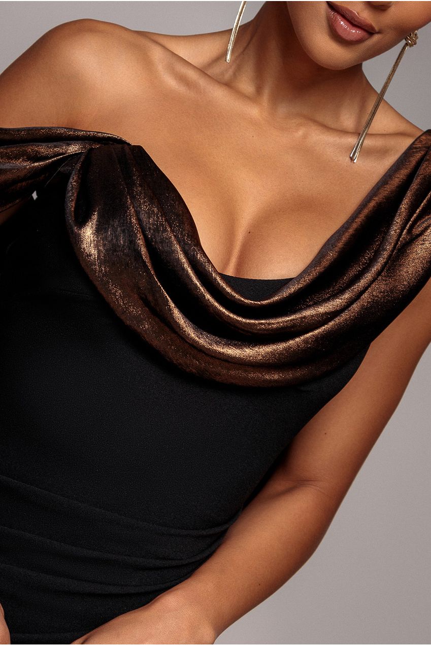 Foil Chiffon Cowl One Shoulder Cape Maxi Dress - Black Bronze DR4998