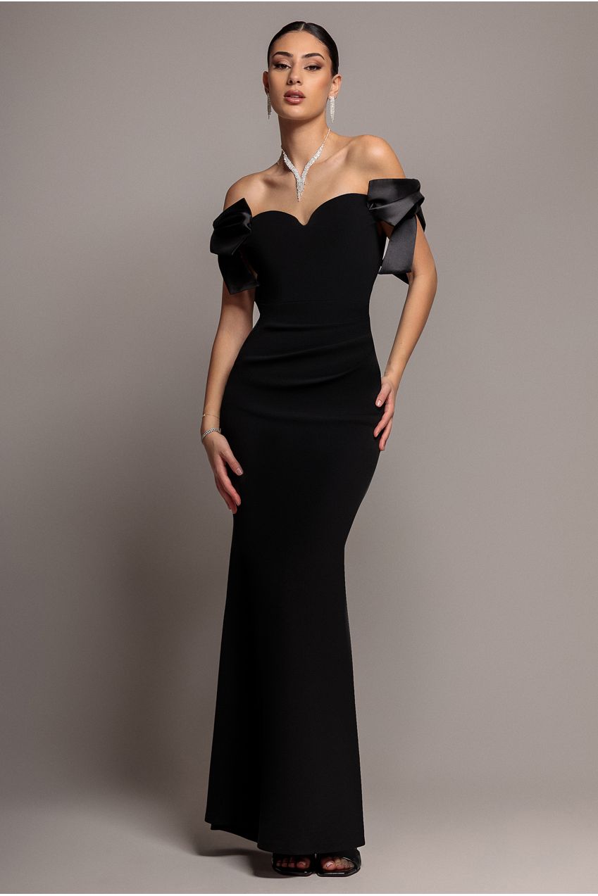 Satin Bow Bardot Sheath Maxi Dress - Black DR4999