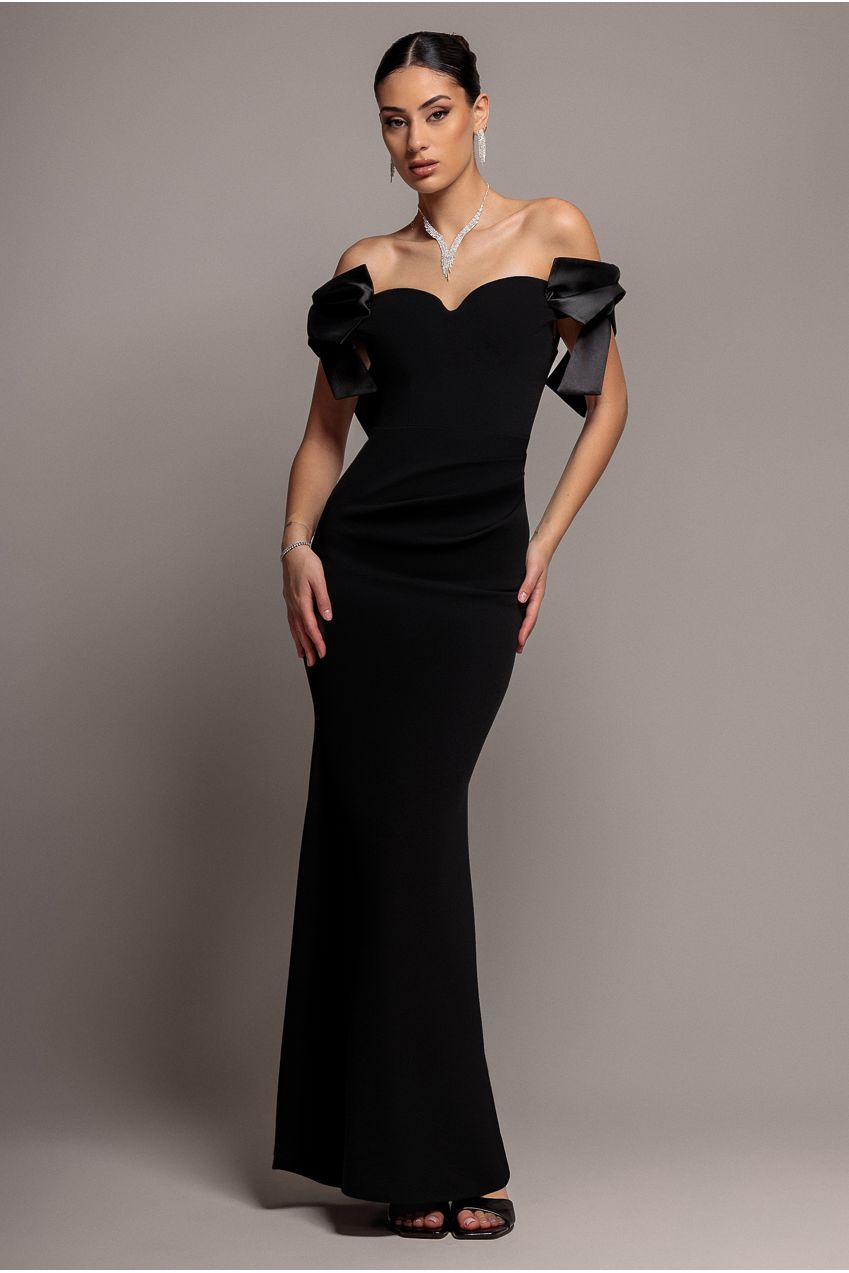 Satin Bow Bardot Sheath Maxi Dress - Black DR4999