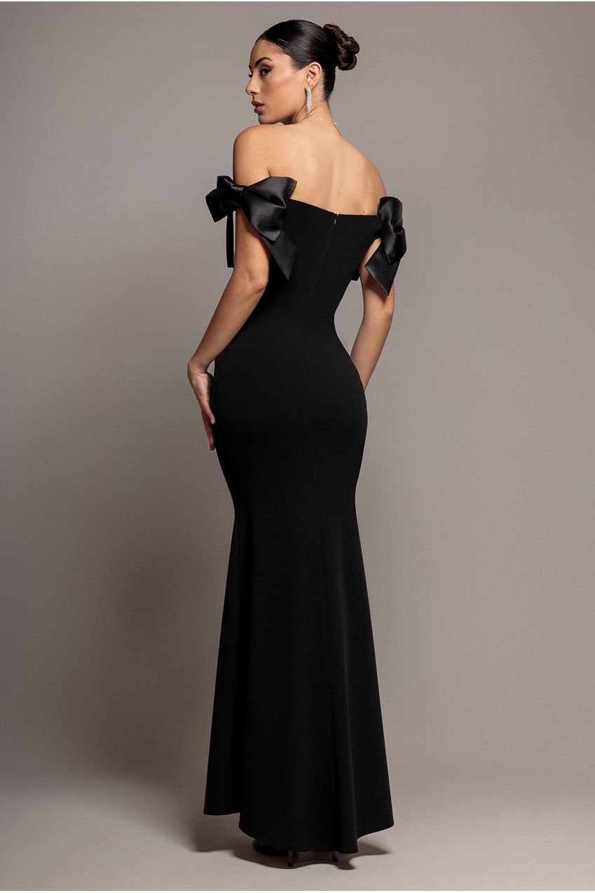 Satin Bow Bardot Sheath Maxi Dress - Black DR4999