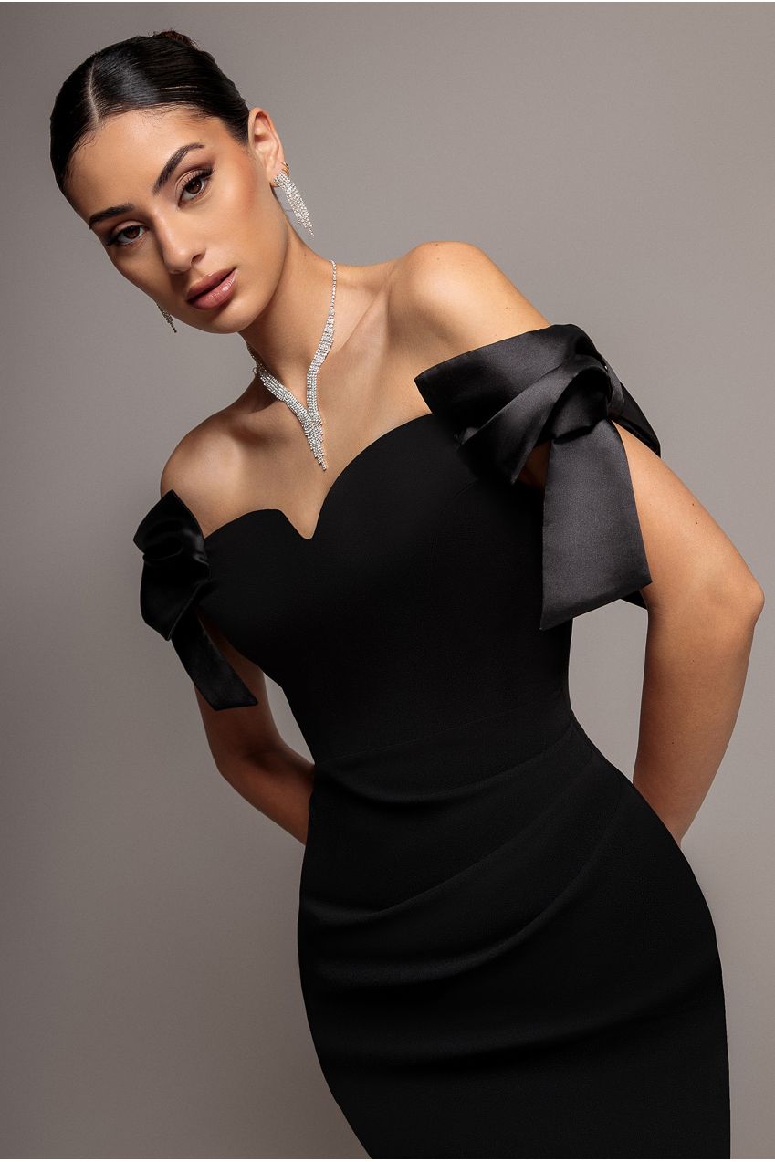 Satin Bow Bardot Sheath Maxi Dress - Black DR4999