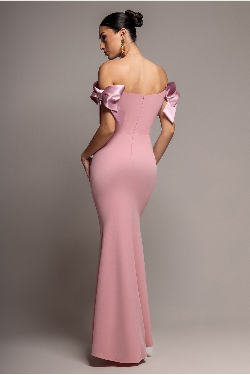 Satin Bow Bardot Sheath Maxi Dress - Blush Pink DR4999