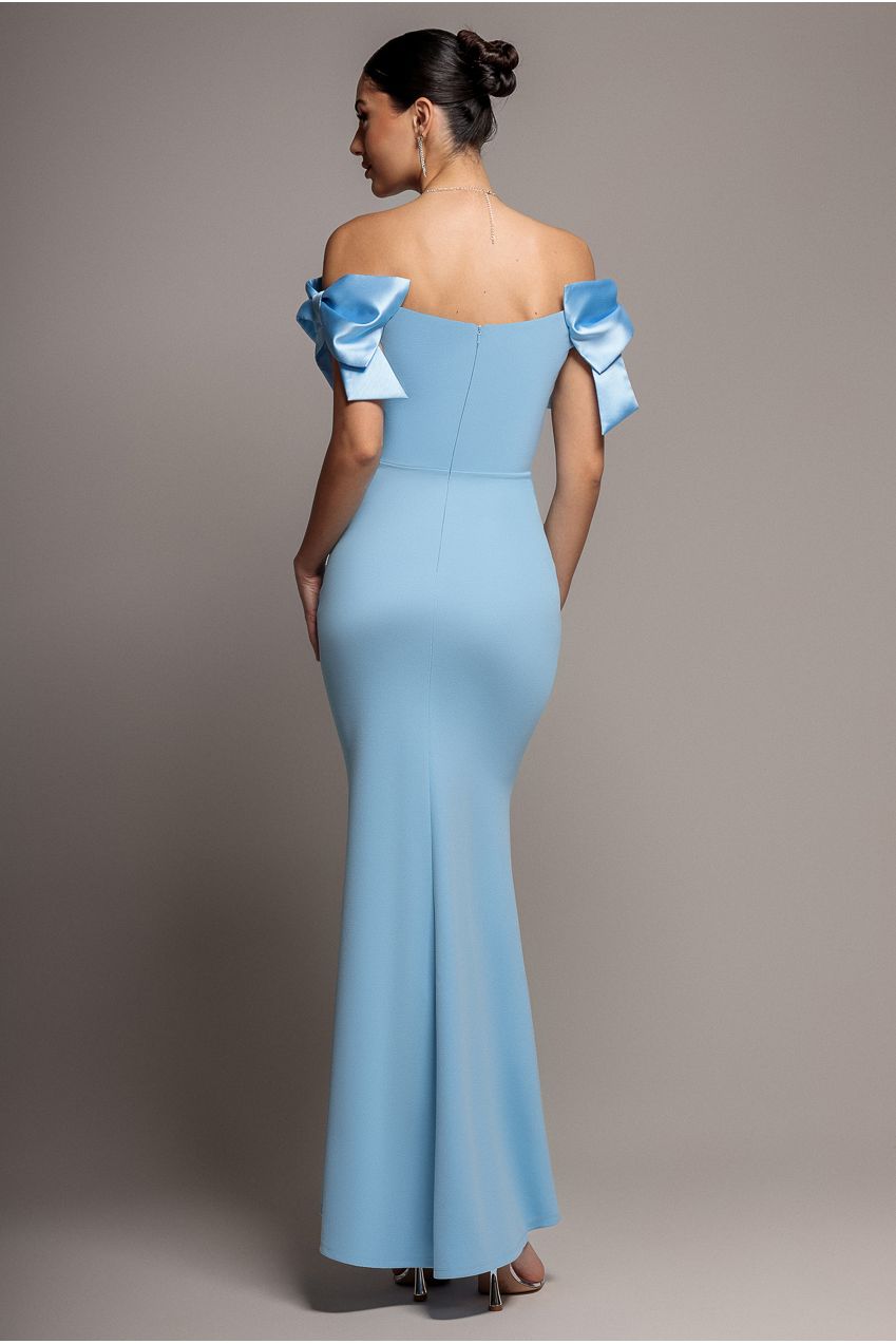 Satin Bow Bardot Sheath Maxi Dress - Ice Blue DR4999