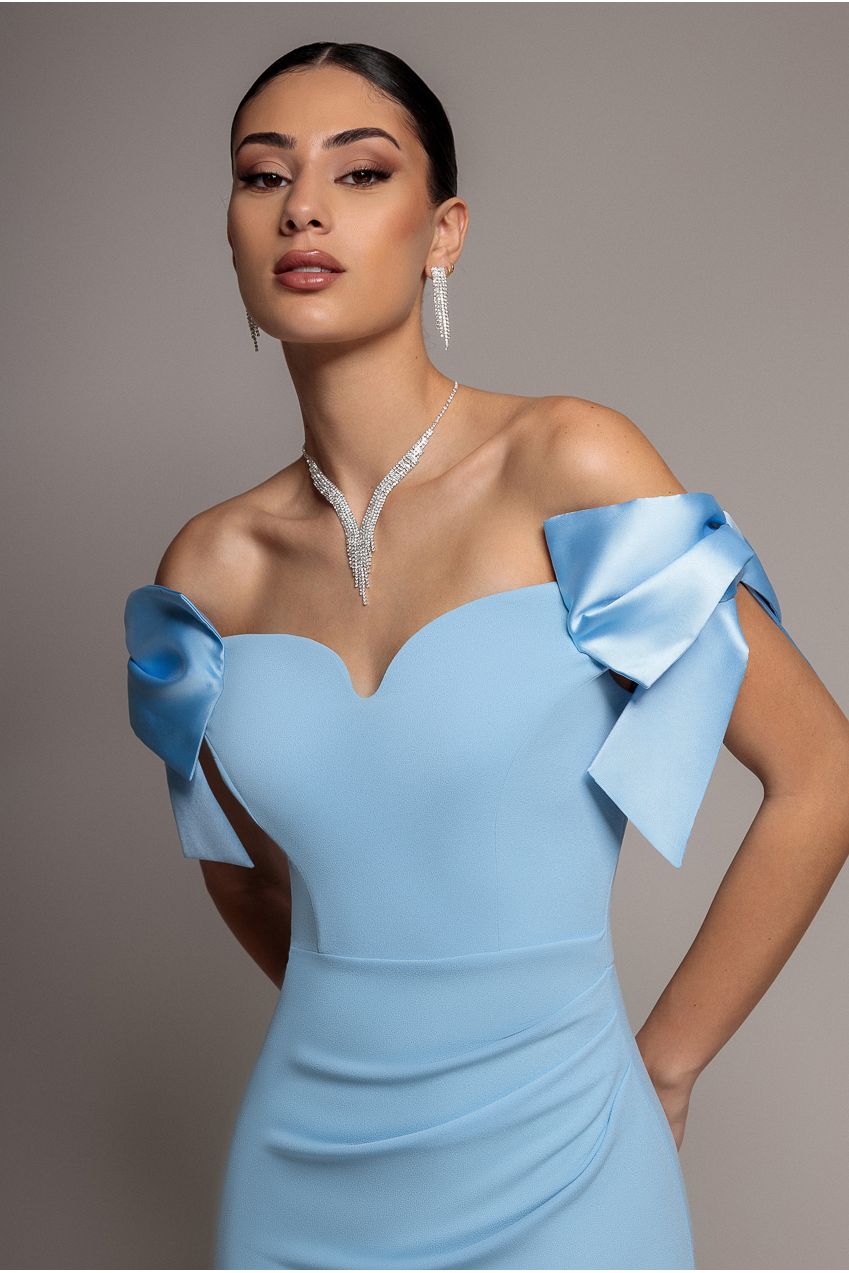 Satin Bow Bardot Sheath Maxi Dress - Ice Blue DR4999