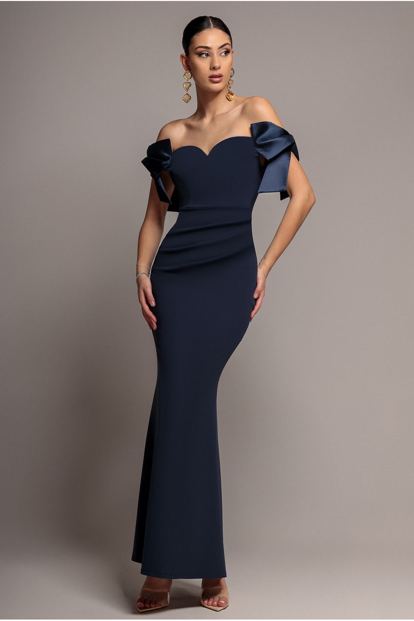 Satin Bow Bardot Sheath Maxi Dress - Navy Blue DR4999