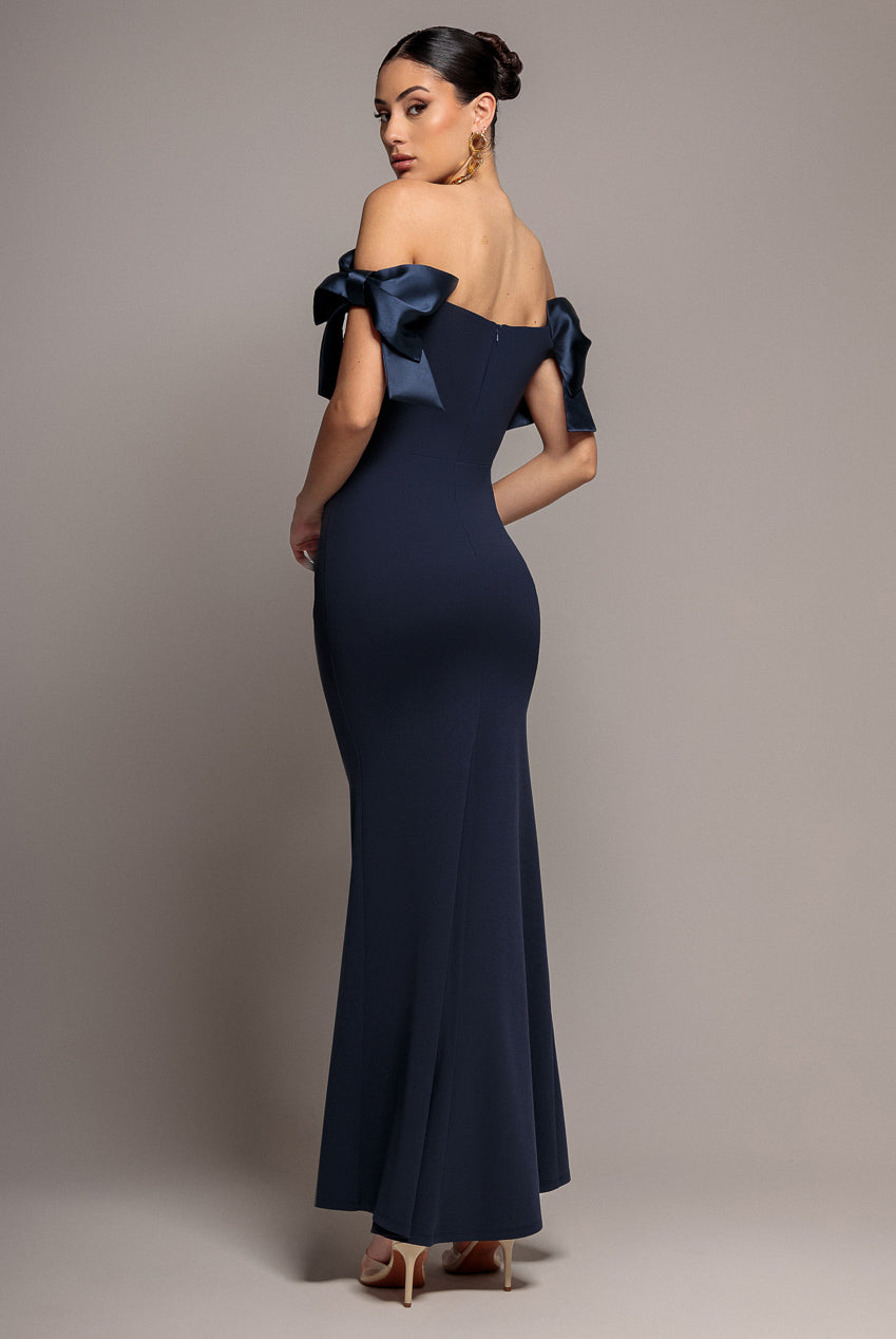 Satin Bow Bardot Sheath Maxi Dress - Navy Blue DR4999