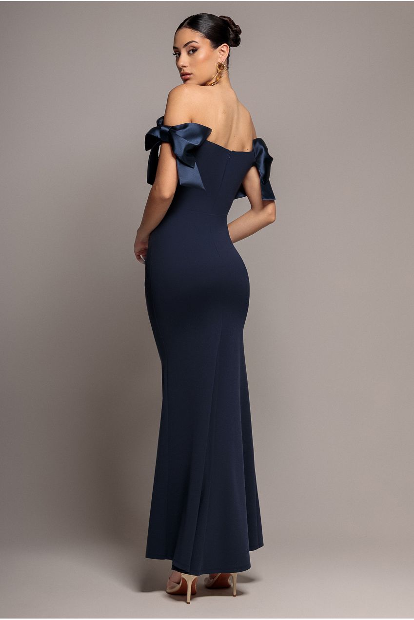 Satin Bow Bardot Sheath Maxi Dress - Navy Blue DR4999