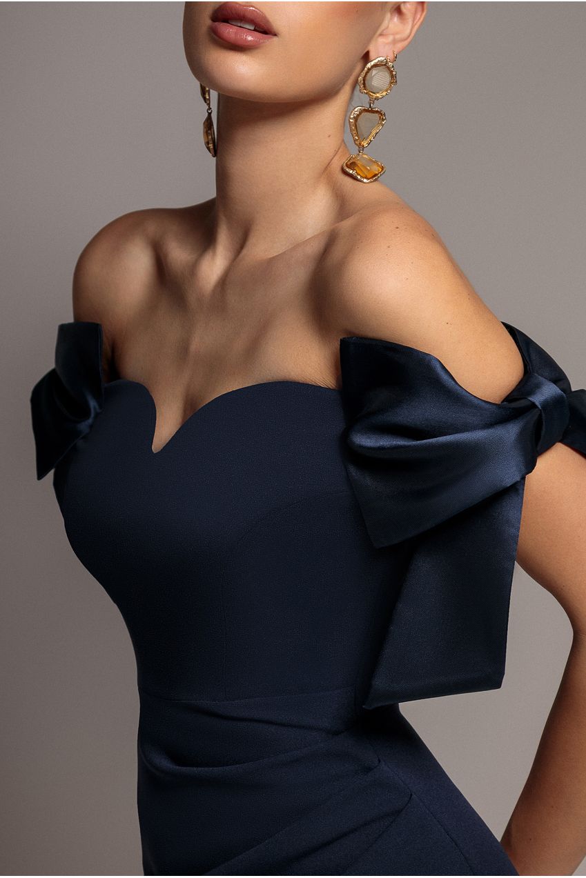 Satin Bow Bardot Sheath Maxi Dress - Navy Blue DR4999