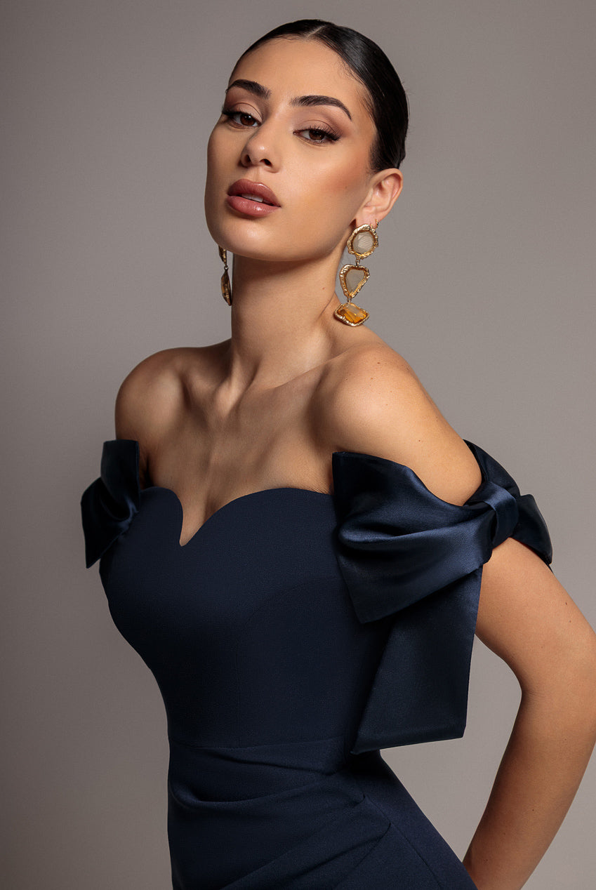 bardot navy blue dress Satin Bow Bardot Sheath Maxi Dress - Navy Blue