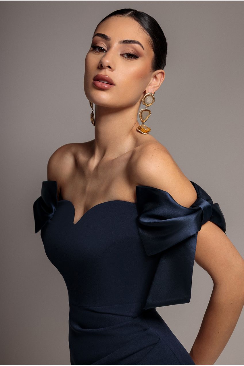 Satin Bow Bardot Sheath Maxi Dress - Navy Blue DR4999