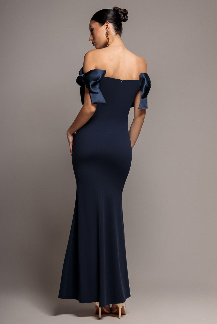 Satin Bow Bardot Sheath Maxi Dress - Navy Blue DR4999