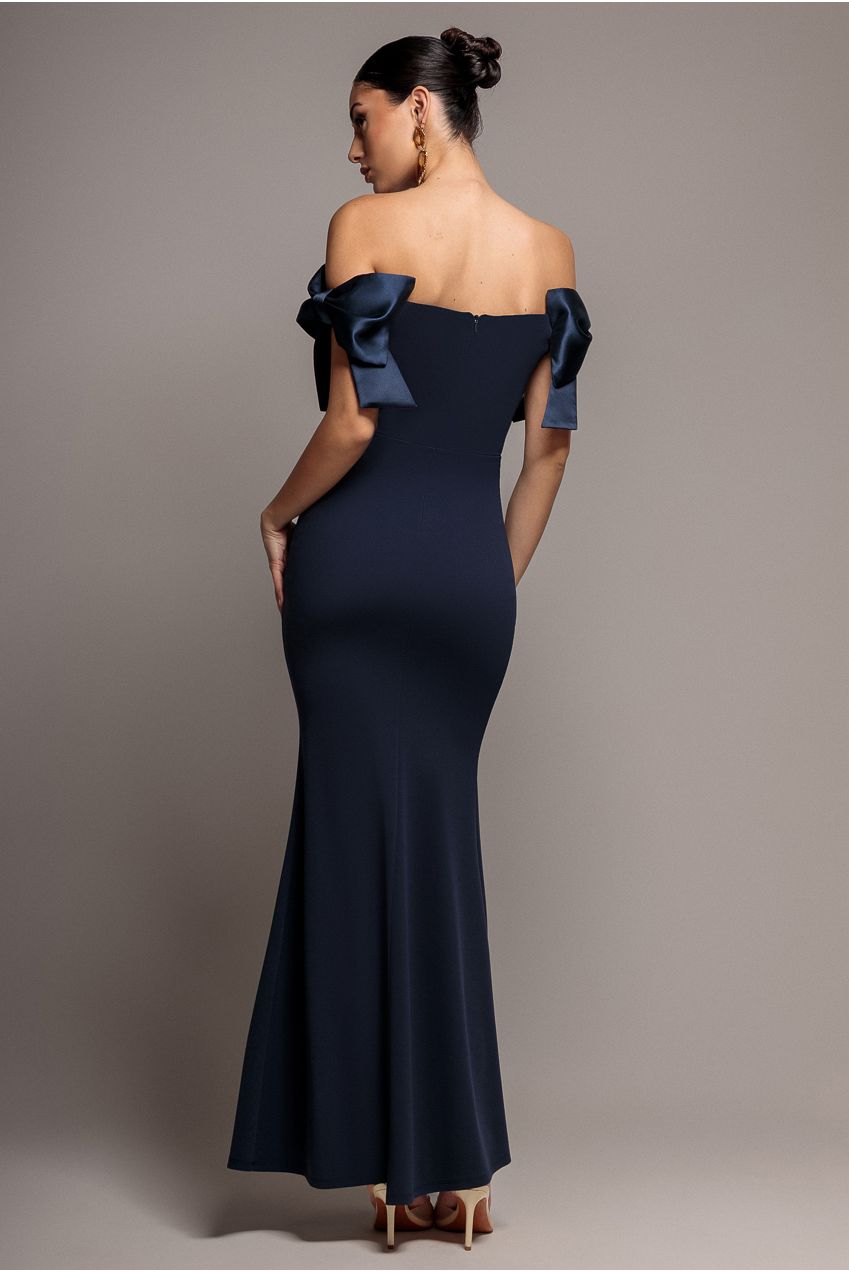 Satin Bow Bardot Sheath Maxi Dress - Navy Blue DR4999
