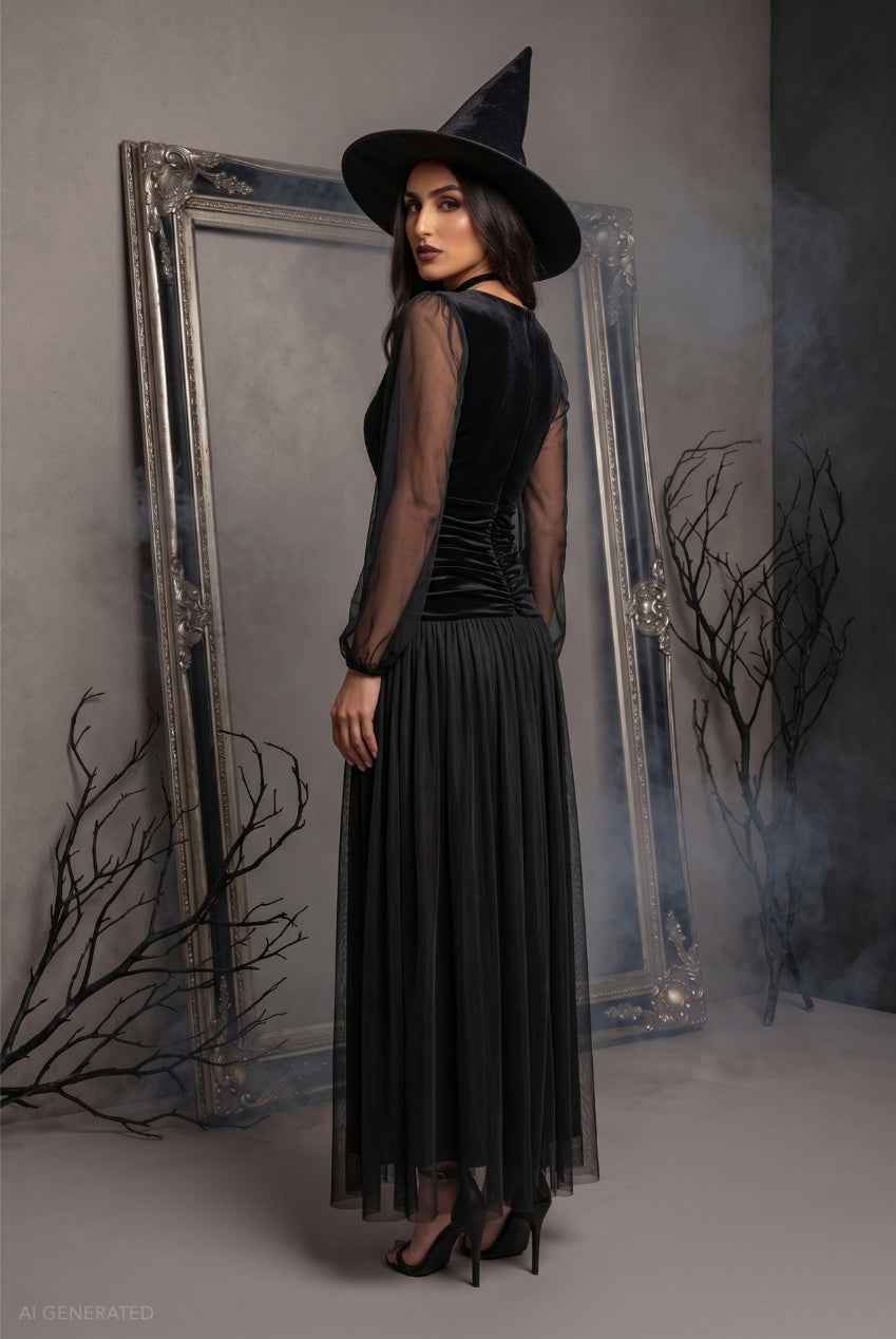 Long Sleeve Maxi Classic Witch Halloween Costume - Black DR5003-HAL