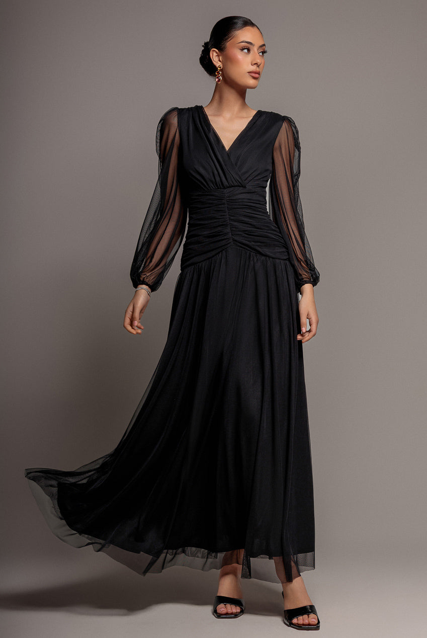 Gathered Long Balloon Sleeve A-Line Mesh Maxi Dress - Black DR5003