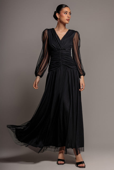 Gathered Long Balloon Sleeve A-Line Mesh Maxi Dress - Black by Goddiva