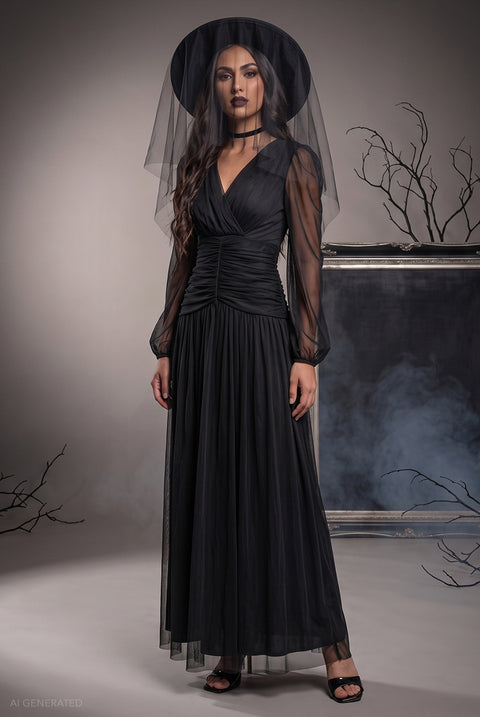 Long Sleeve Maxi Classic Witch Halloween Costume - Black by Goddiva