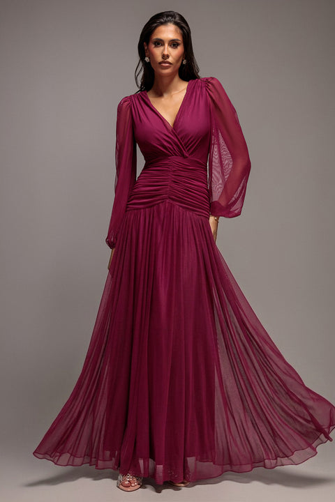 Gathered Long Balloon Sleeve A-Line Mesh Maxi Dress - Magenta by Goddiva