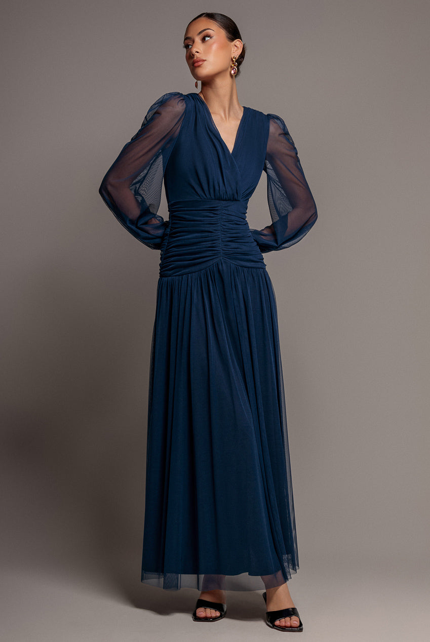 Gathered Long Balloon Sleeve A-Line Mesh Maxi Dress - Navy Blue DR5003