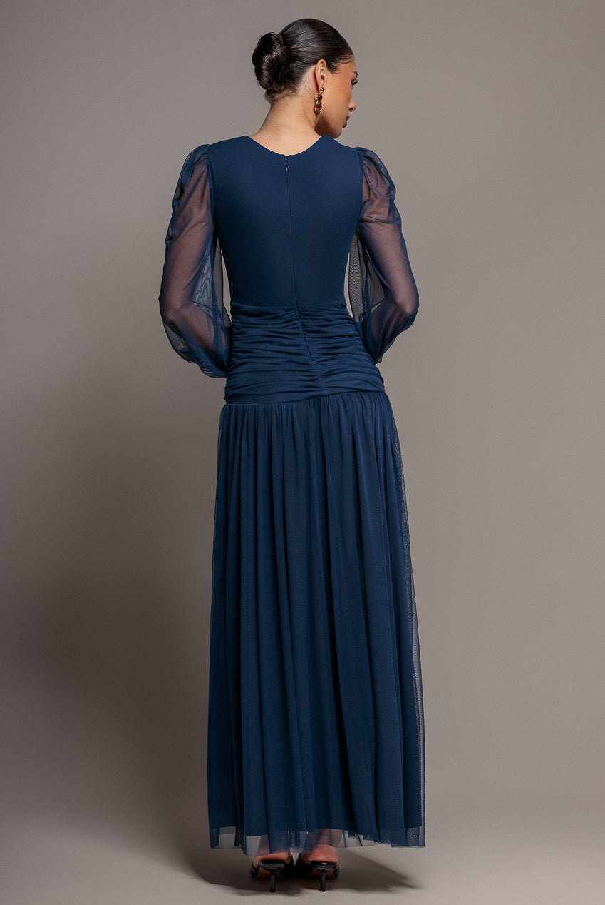 Gathered Long Balloon Sleeve A-Line Mesh Maxi Dress - Navy Blue DR5003