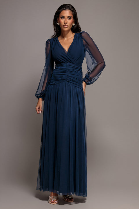 Gathered Long Balloon Sleeve A-Line Mesh Maxi Dress - Navy Blue by Goddiva