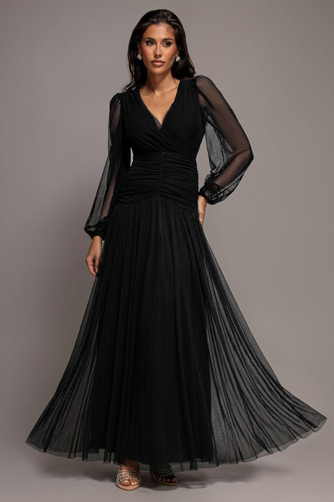 Gathered Long Balloon Sleeve A-Line Mesh Maxi Dress - Black by Goddiva