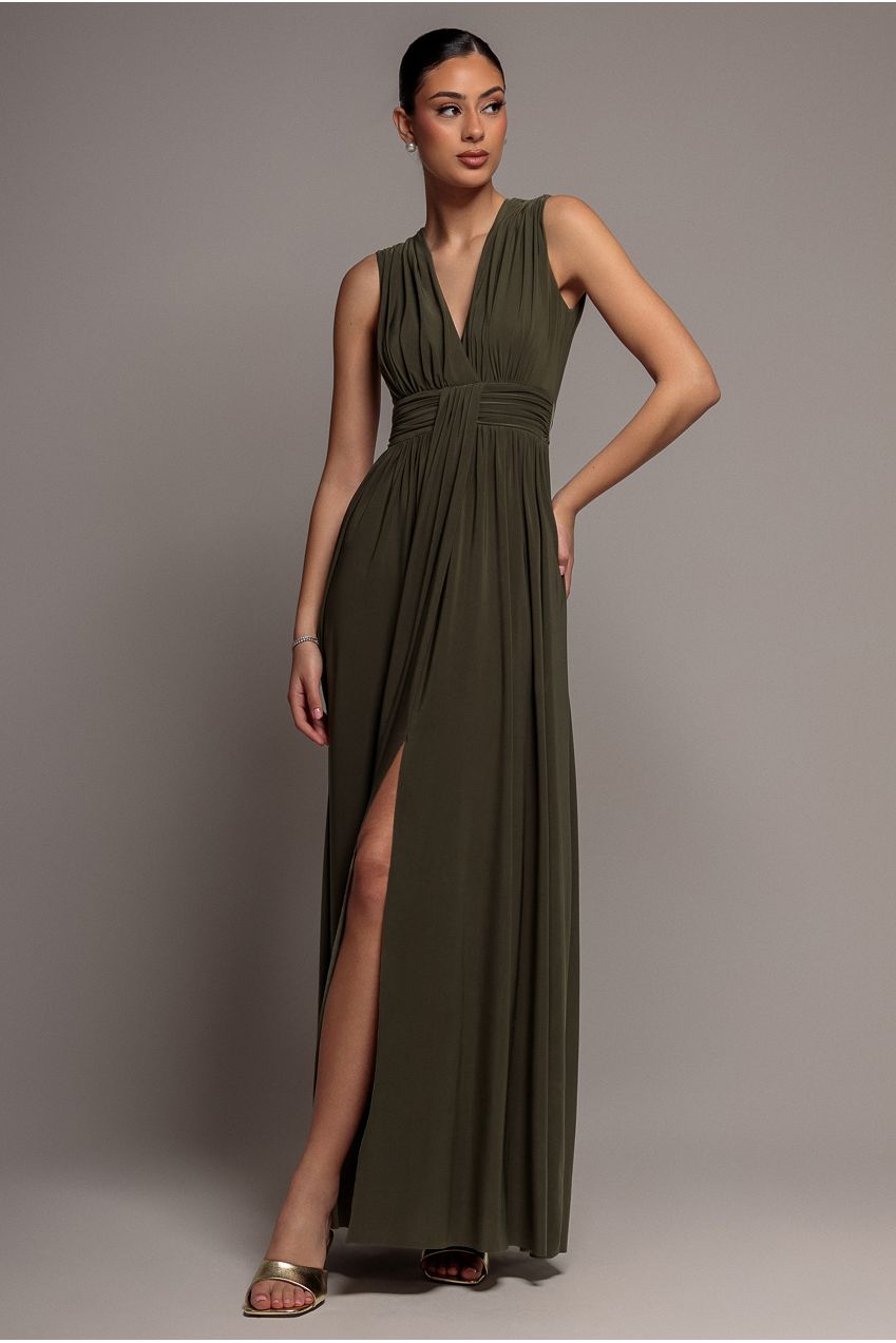 Gathered Shoulder Wrap Neck Draped Waist Maxi Dress - Khaki DR5005