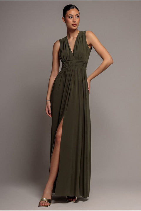 Gathered Shoulder Wrap Neck Draped Waist Maxi Dress - Khaki by Goddiva