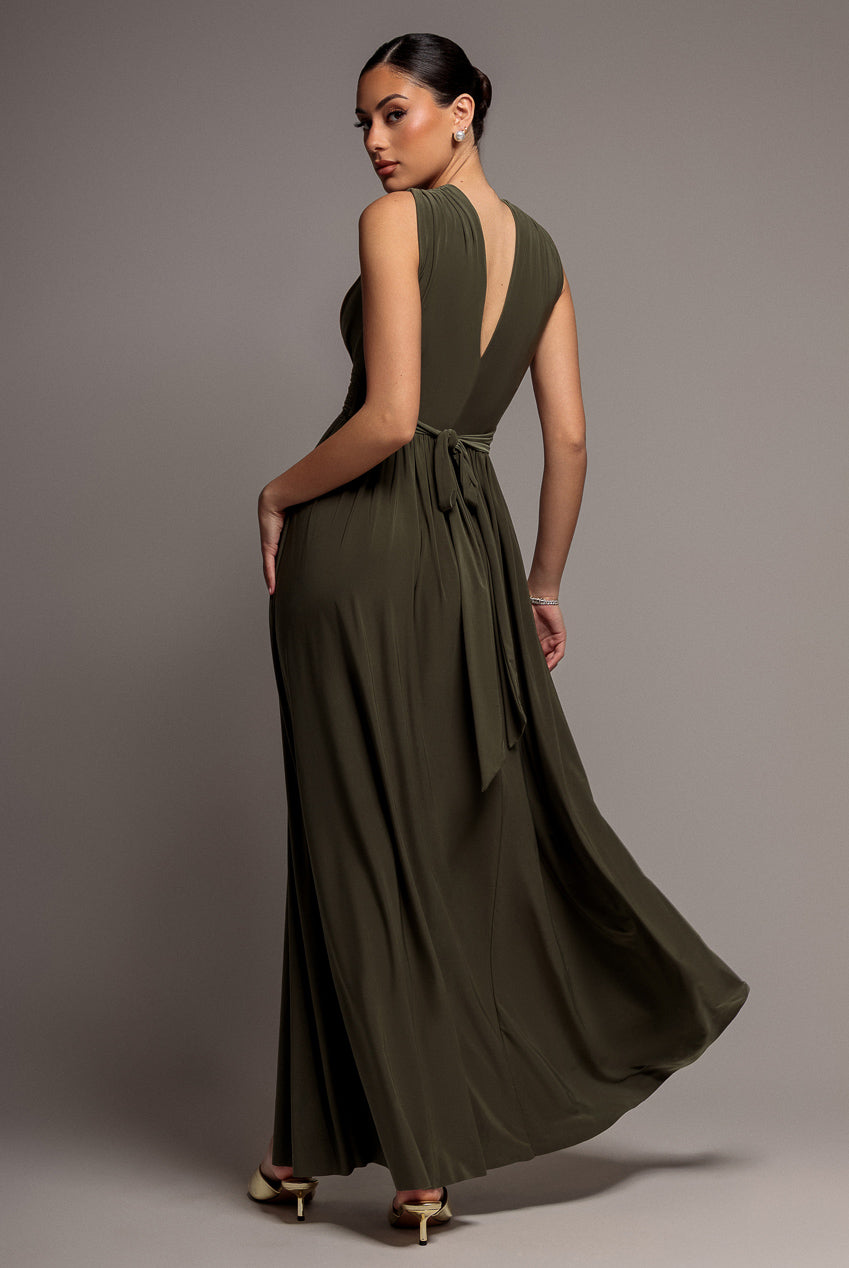 Gathered Shoulder Wrap Neck Draped Waist Maxi Dress - Khaki DR5005