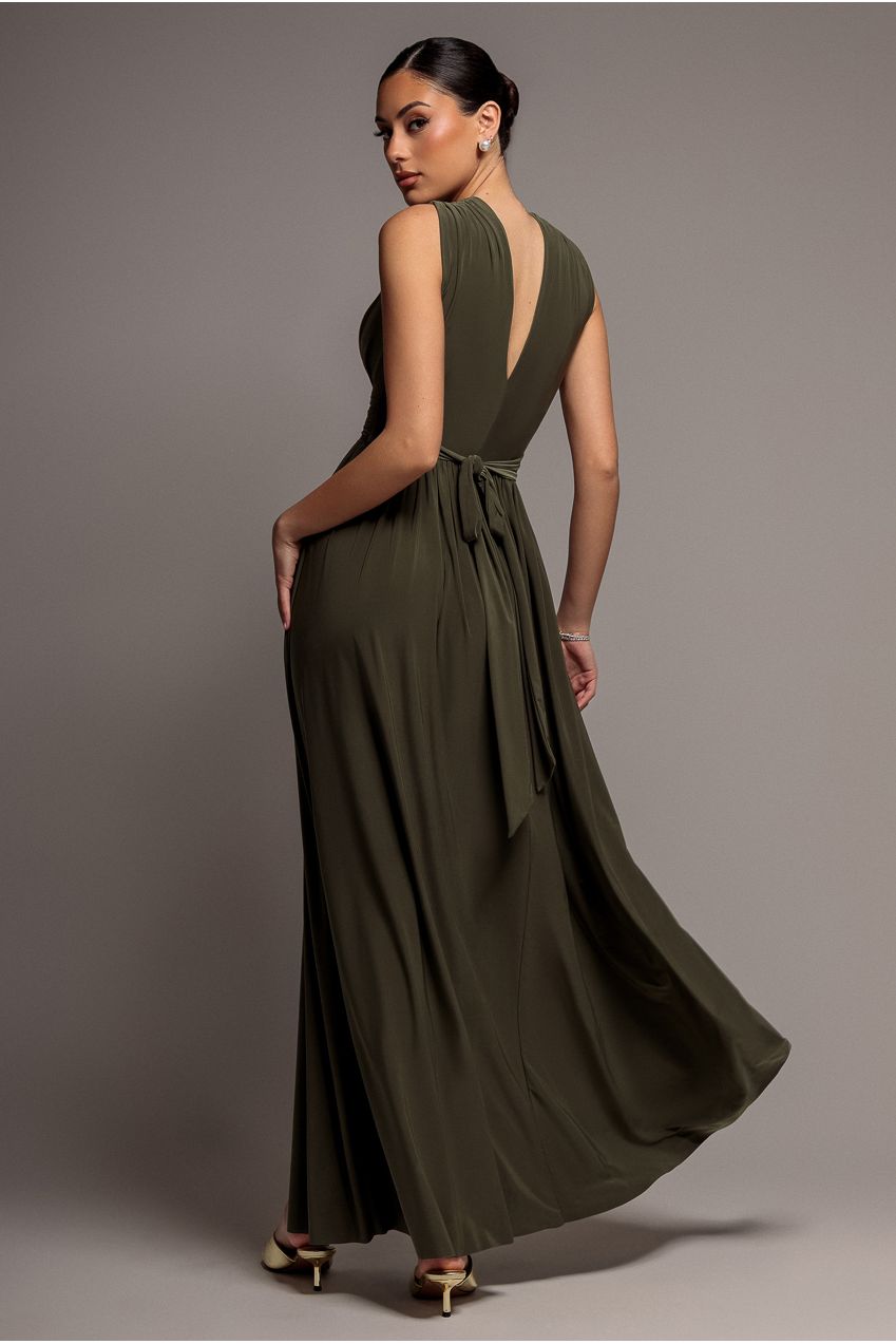 Gathered Shoulder Wrap Neck Draped Waist Maxi Dress - Khaki DR5005