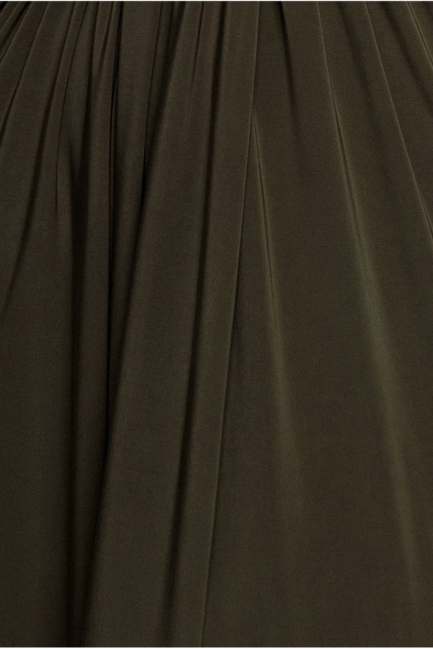 Gathered Shoulder Wrap Neck Draped Waist Maxi Dress - Khaki DR5005