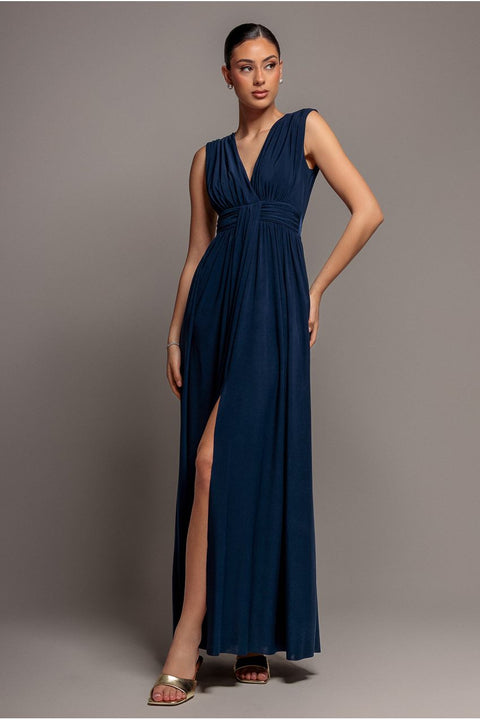 Gathered Shoulder Wrap Neck Draped Waist Maxi Dress - Navy Blue by Goddiva