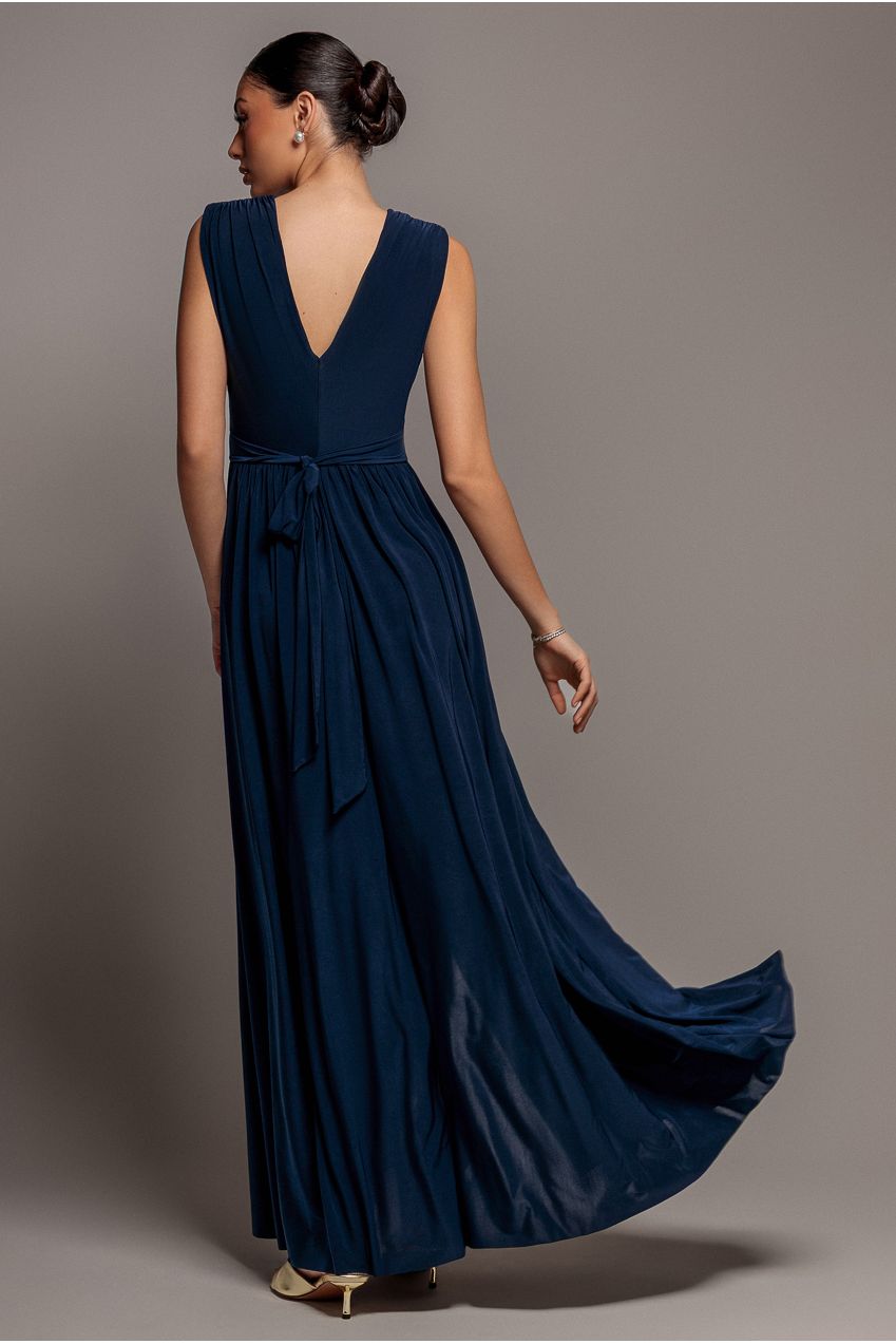 Gathered Shoulder Wrap Neck Draped Waist Maxi Dress - Navy Blue DR5005