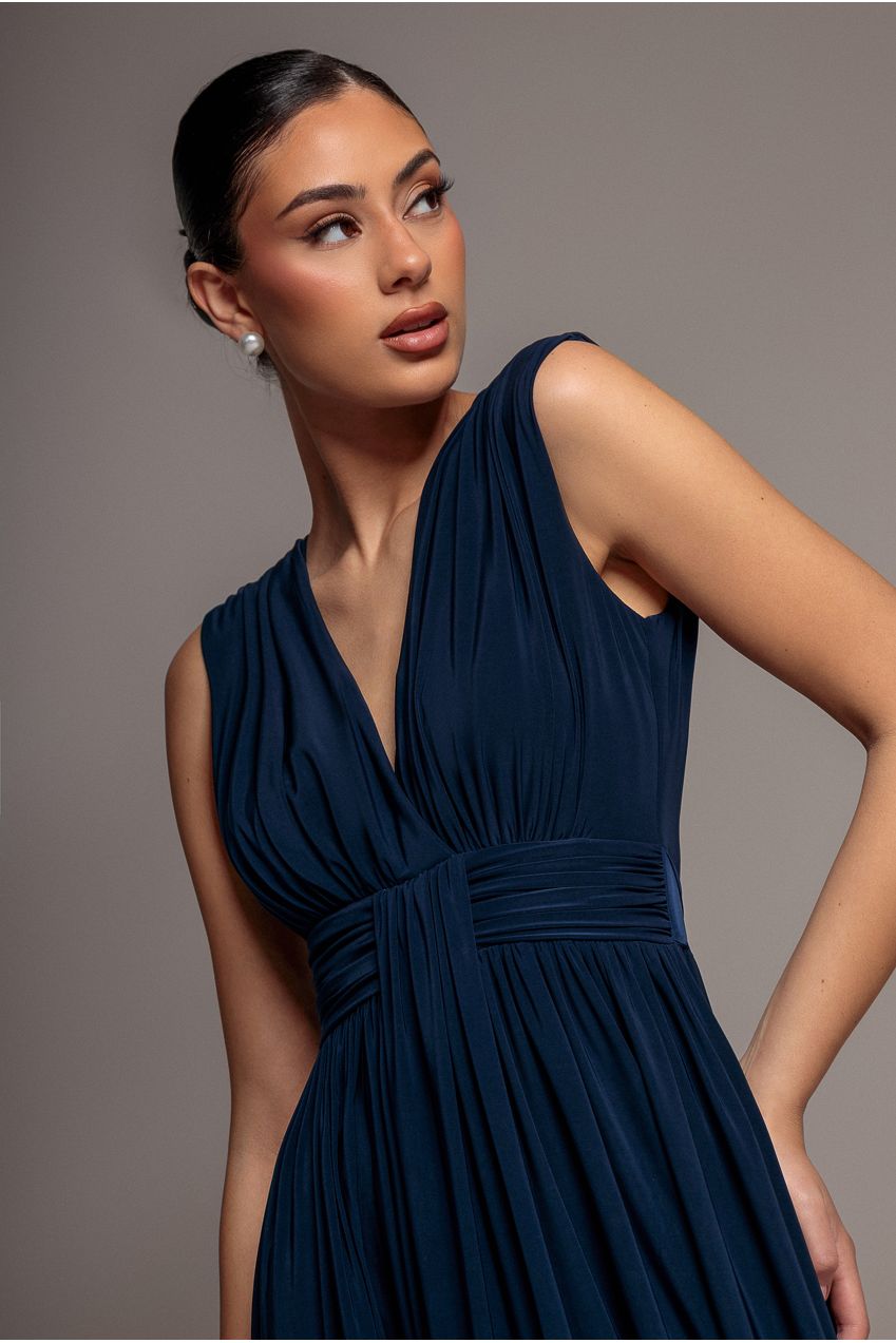 Gathered Shoulder Wrap Neck Draped Waist Maxi Dress - Navy Blue DR5005