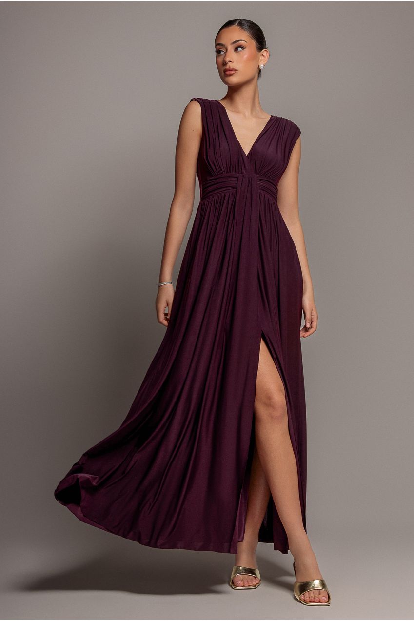 Gathered Shoulder Wrap Neck Draped Waist Maxi Dress - Burgundy DR5005