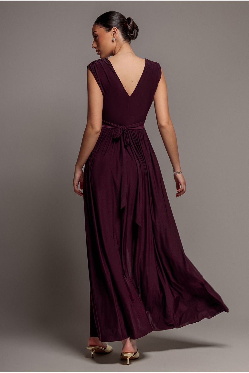 Gathered Shoulder Wrap Neck Draped Waist Maxi Dress - Burgundy DR5005